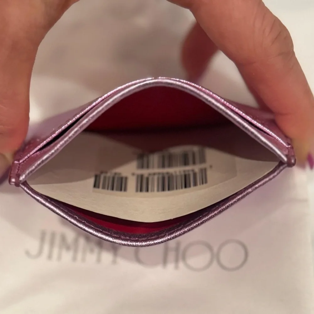 JIMMY CHOO Leather Metallic Lavender Lilac Card Holder logo Wallet NEW